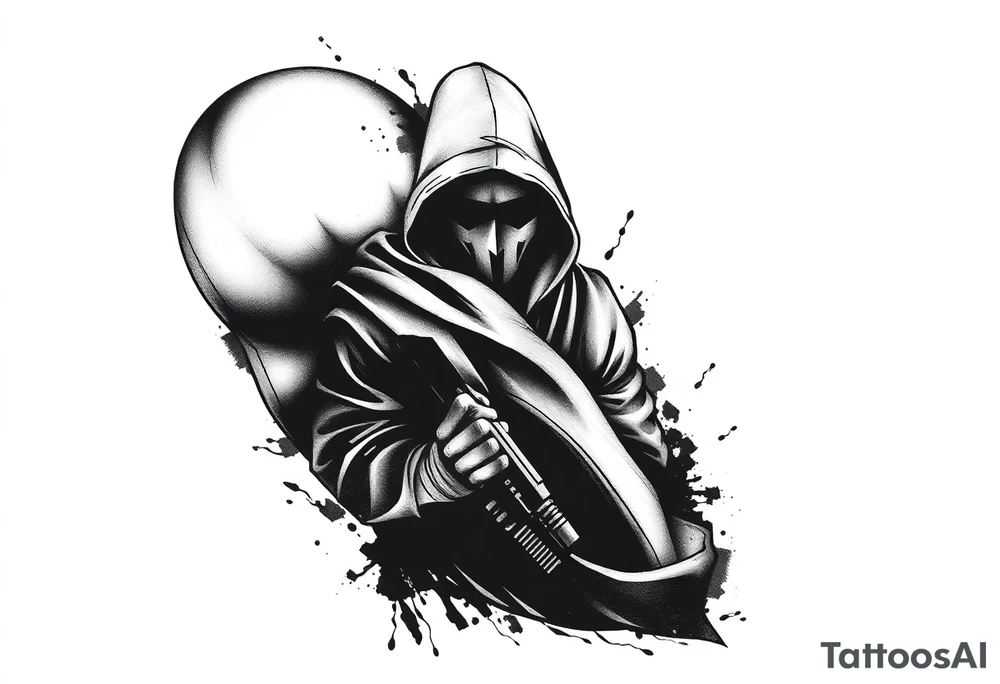Minimalist covert operative symbolism representing loyalty and survival, faceless soldier silhouette emerging from darkness, torn fabric, subtle scars, controlled posture, black and grey realism, emotional restraint, understated strength, tattoo sleeve element. tattoo idea