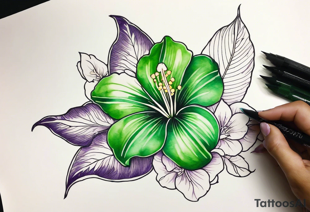 An outline of a green rio dipladenia flower and a green/purple watercolor in the background tattoo idea