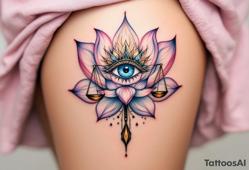 An all-seeing eye in the center of a lotus flower, surrounded by delicate golden balance scales, symbolizing karmic awareness and justice. tattoo idea