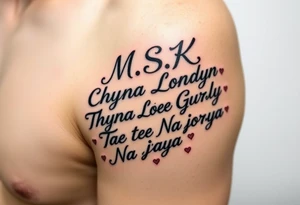 Cursive words that say, 

M.S.K

Chyna

Londyn

Gurly 

Tae tae 

Na jorya 

Na taya
 surrounded by little hearts & stars tattoo idea