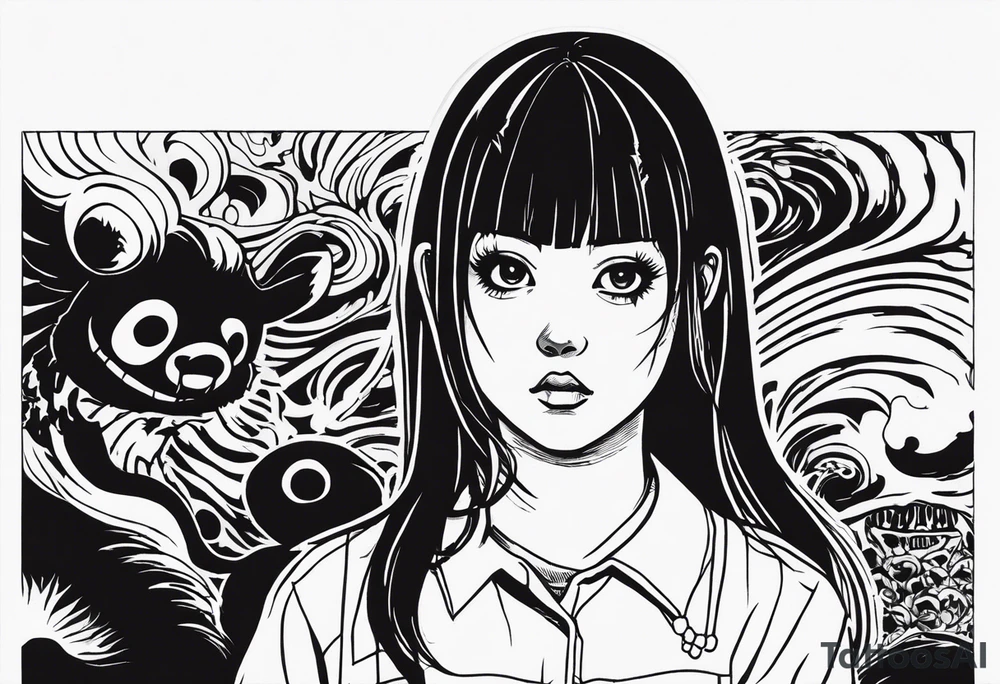 portrait of tomie standing up a character by the horror manga author junji ito full body standing murderously. add more horror and gore elements tattoo idea