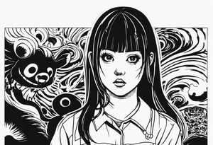 portrait of tomie standing up a character by the horror manga author junji ito full body standing murderously. add more horror and gore elements tattoo idea