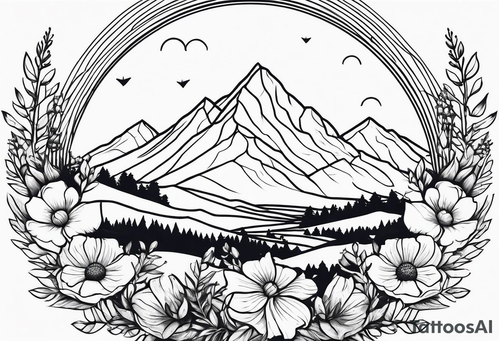 Minimalist, wild flowers, mountains tattoo idea