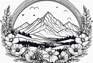 Minimalist, wild flowers, mountains tattoo idea