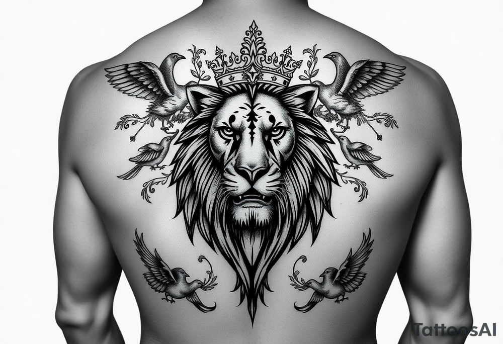 powerful majestic lion with a crown, surrounded by floral ornaments and birds tattoo idea