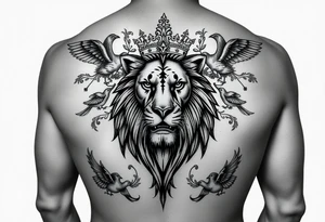 powerful majestic lion with a crown, surrounded by floral ornaments and birds tattoo idea