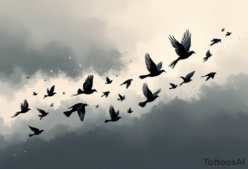 Flock of birds in flight across a fading sky – A dynamic group of birds soaring in various stages of flight, moving from the wrist toward the shoulder (or across the back). The birds start as detailed silhouettes in rich black and gradually become lighter and more abstract, as if dissolving into the wind. The background features a soft gradient from warm gray to pale sky blue, giving the impression of early dawn or a dreamlike escape. tattoo idea
