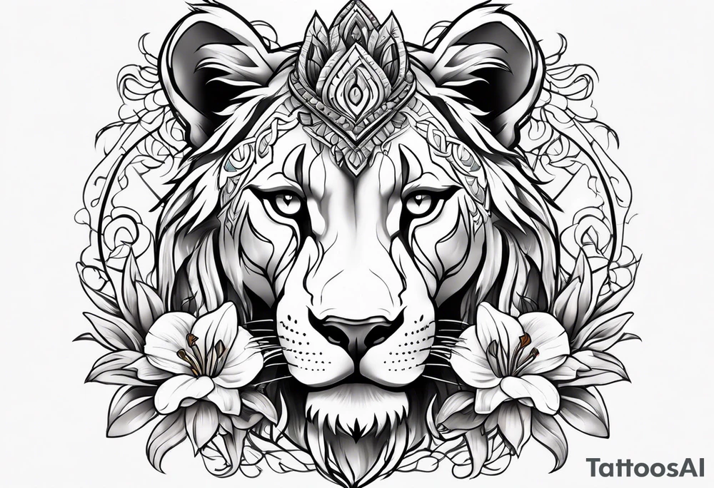 Tribal lioness with lilies tattoo idea