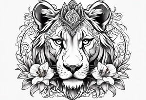 Tribal lioness with lilies tattoo idea