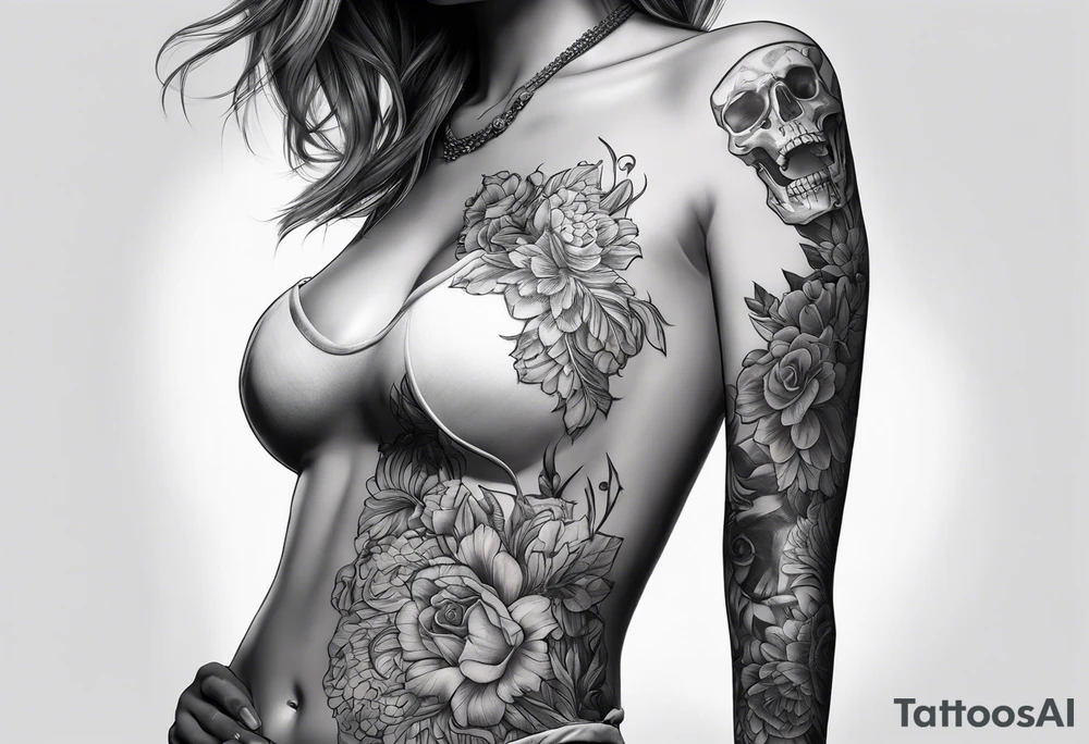 Girl taking shirt off but her stomach is a skeleton tattoo idea