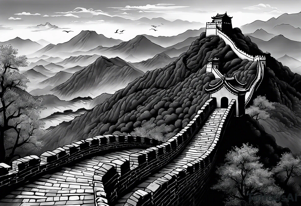 Great Chinese wall, realistic, art, gezeichnet, fine line, black and grey, man, details, Klippe tattoo idea