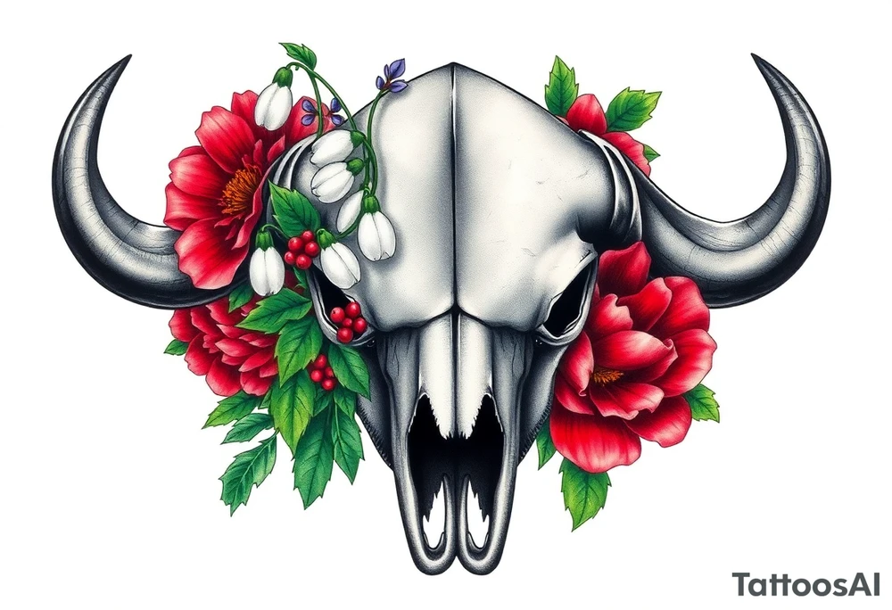 Buffalo or bison skull with flowers. Snow drop and red peony. Green holly with red berries, purple larkspur, red peony.  Colour. For upper arm or shoulder. Masculin. tattoo idea