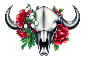 Buffalo or bison skull with flowers. Snow drop and red peony. Green holly with red berries, purple larkspur, red peony.  Colour. For upper arm or shoulder. Masculin. tattoo idea