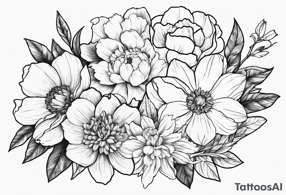tattoo design with all these flowers peony, carnation, daffodil, daphne, dahlia, desiree, daisy and rose tattoo idea