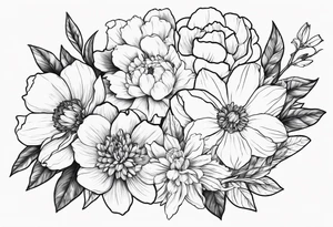 tattoo design with all these flowers peony, carnation, daffodil, daphne, dahlia, desiree, daisy and rose tattoo idea