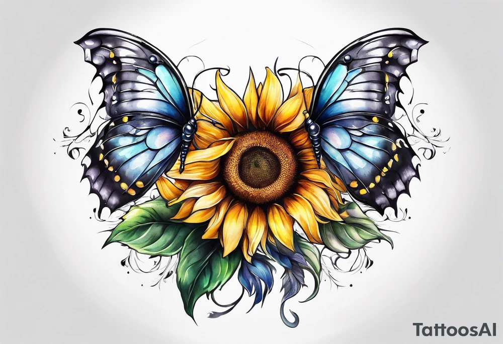 Sleeve with angel wings, sunflower and butterfly tattoo idea