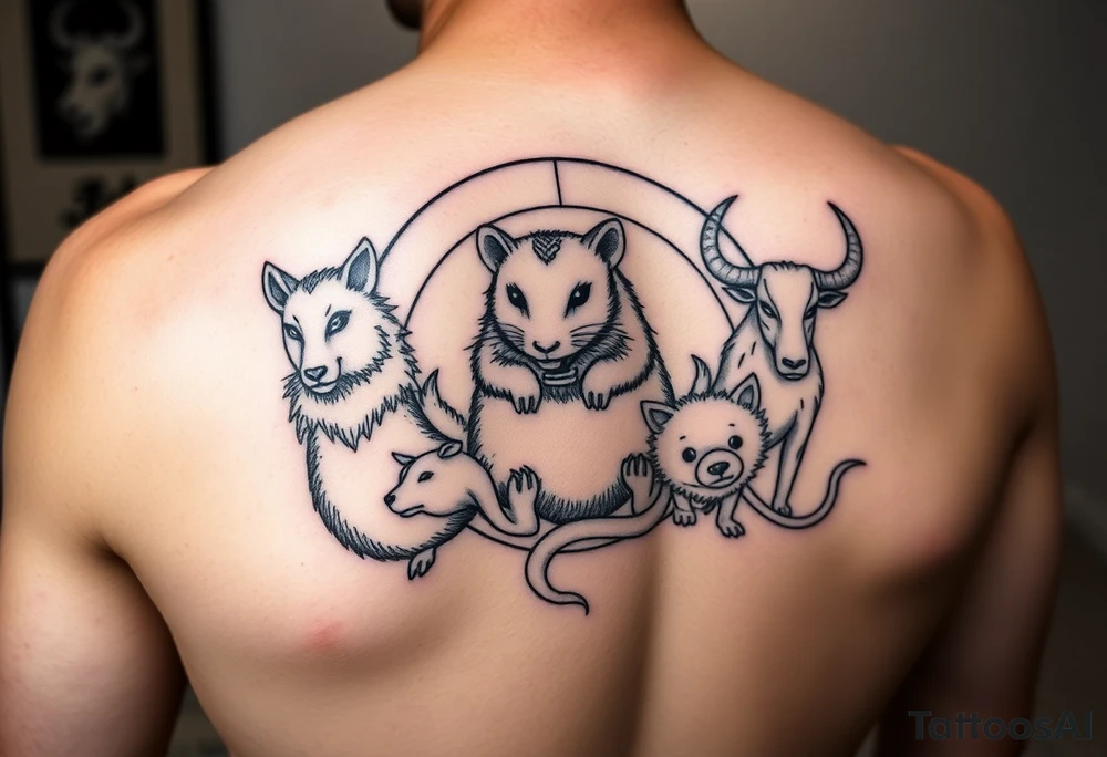 Japanese style tattoo consisting zodiac animals: rat(in the middle) with dog, goat, and ox surrounding the rat. All animals are all dressed up Samurai warrior style in a circular formation on the left of back tattoo idea