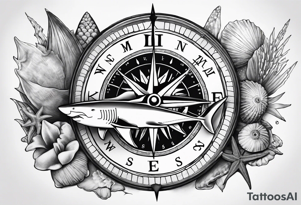 Compass, shells, shark teeth, starfish tattoo idea