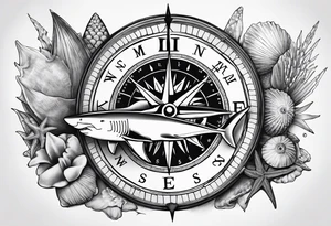 Compass, shells, shark teeth, starfish tattoo idea