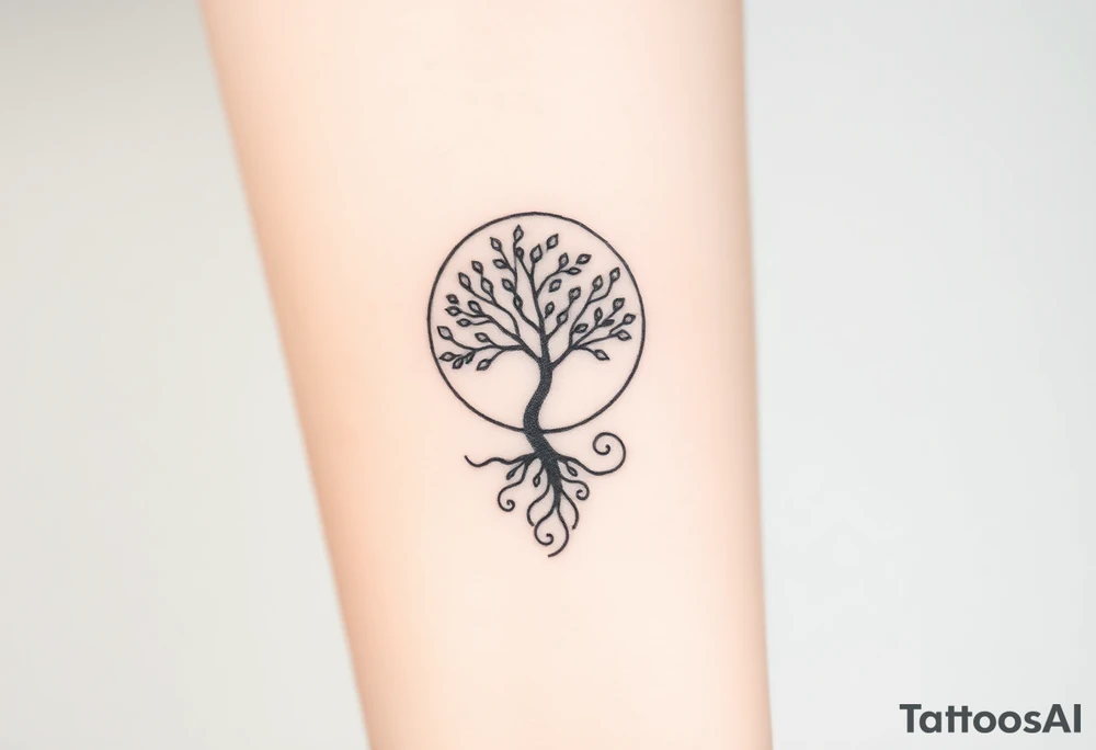 A tree inside of the sun, with little leaves, with an outward spiral line (moving to the right), as its roots. tattoo idea