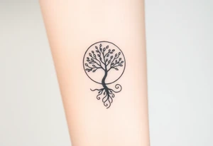 A tree inside of the sun, with little leaves, with an outward spiral line (moving to the right), as its roots. tattoo idea