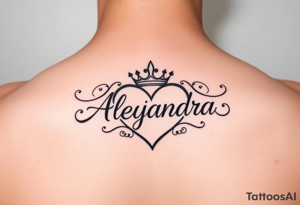 the name Alejandra in a heart with a crown tattoo idea