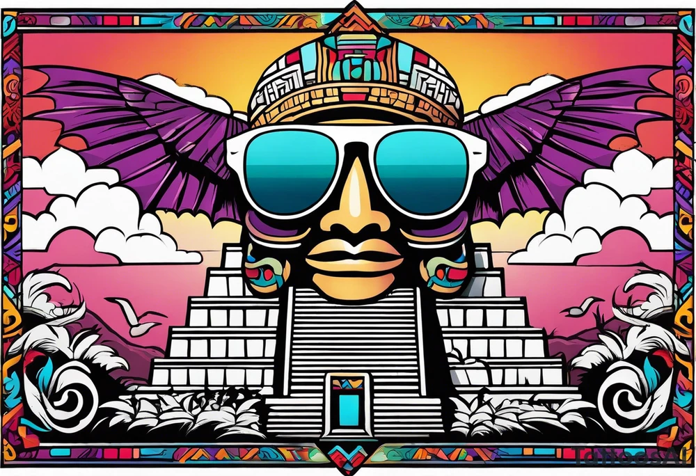 Colorful ancient Mayan hieroglyph with sunglasses reflecting Chichen itza. Bats and waves tattoo idea
