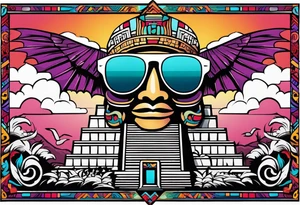Colorful ancient Mayan hieroglyph with sunglasses reflecting Chichen itza. Bats and waves tattoo idea