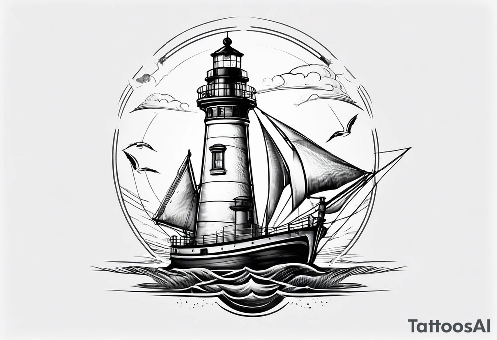 maritime lighthouse with 2 large sails attached. tattoo idea