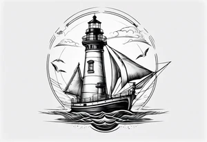 maritime lighthouse with 2 large sails attached. tattoo idea