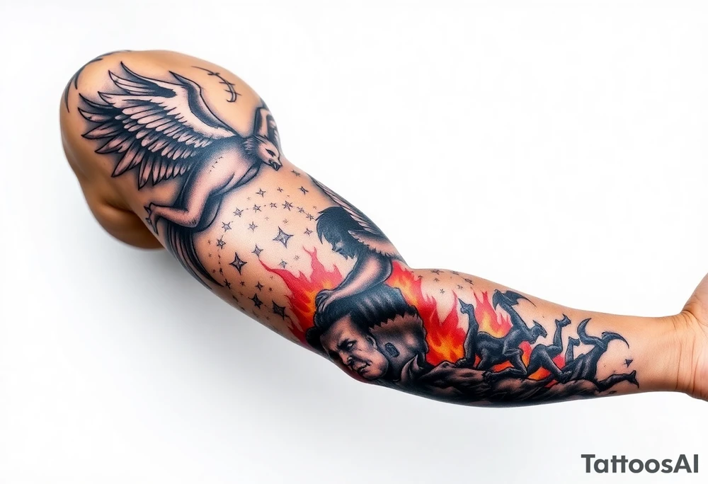 Heaven’s angels fighting hells demons. Angels flying and demons climbing up out of hell tattoo idea
