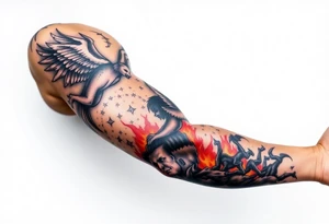 Heaven’s angels fighting hells demons. Angels flying and demons climbing up out of hell tattoo idea