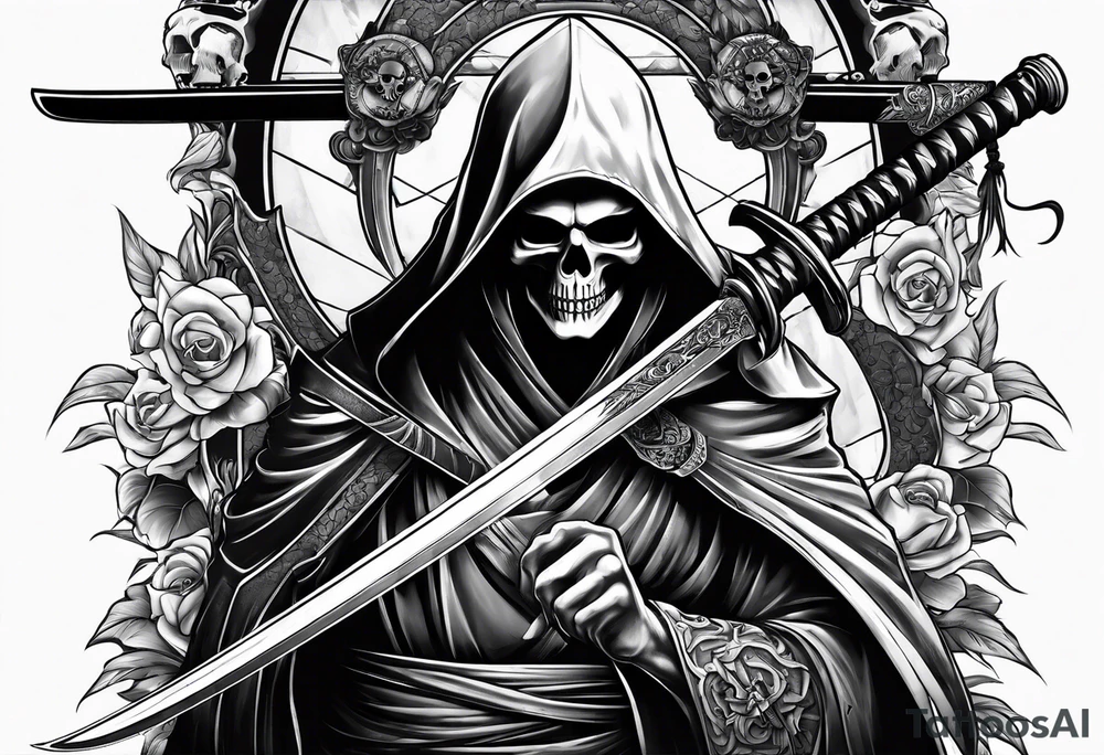 katana with grim reaper and skull tattoo idea