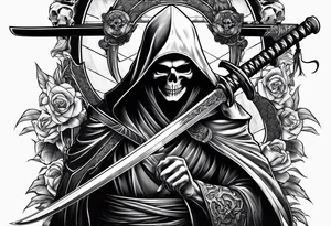katana with grim reaper and skull tattoo idea