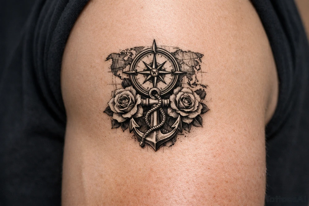 a compass under it an anchor, roses,world map. tattoo idea