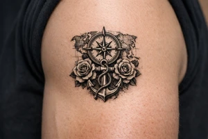 a compass under it an anchor, roses,world map. tattoo idea