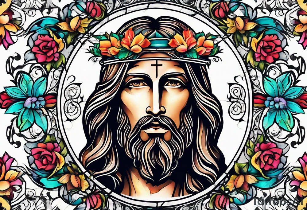 Jesus head with flowers and cross tattoo idea