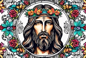Jesus head with flowers and cross tattoo idea