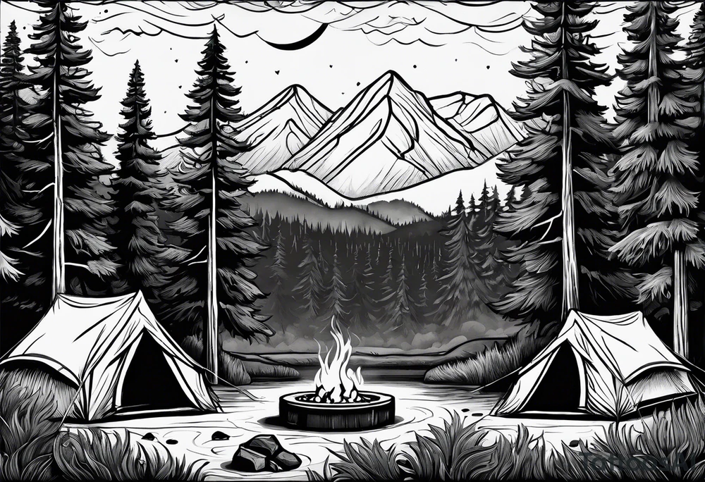 Campground with onr small tent and small fire pit with smoke billowing out of it. Forest of trees surrounding it with three large pine trees being the focus in the background. tattoo idea