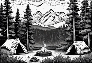 Campground with onr small tent and small fire pit with smoke billowing out of it. Forest of trees surrounding it with three large pine trees being the focus in the background. tattoo idea