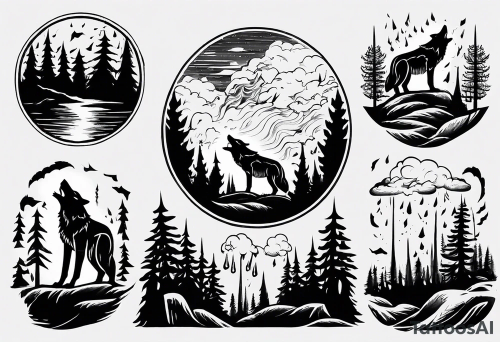 thunderstorm over a forest with a wolf howling on drums tattoo idea thunderstorm over a forest with a wolf howling on drums tattoo idea