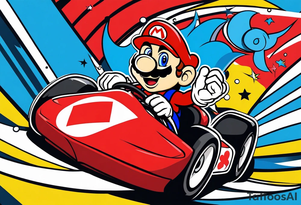 Mario kart racing down a track being chased by a blue shell tattoo idea