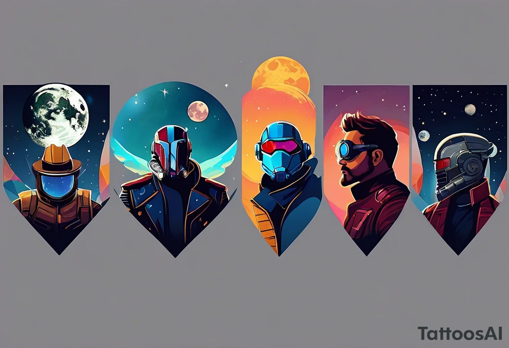I want a tattoo with the idea and imagery about overcoming depression. I am particularly attached to the the idea of Kid Cudi’s man on the moon and man on the moon type imagery. I would like the general theme to be space related. I like the image of star lord and yondu from guardians of the galaxy when they are floating into space and yondu says I wasn’t your father but I am your daddy. General sci fi and space themes are welcome. Overall, I want a sense of overcoming difficulties. This would be an arm sleeve tattoo idea