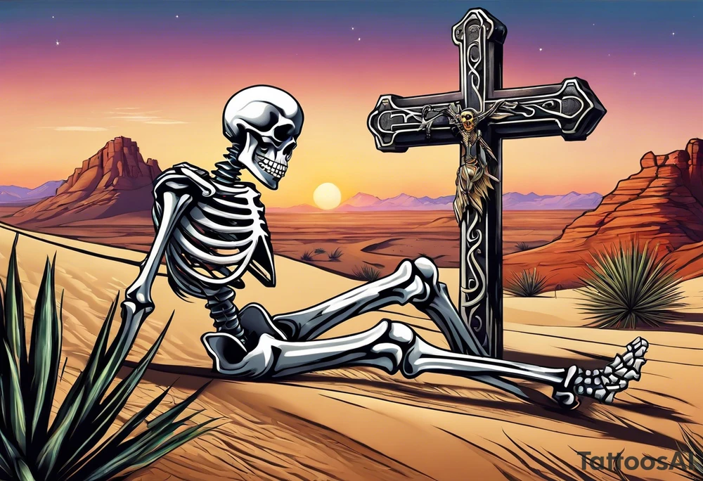 skeleton crawling towards a cross in a desert tattoo idea