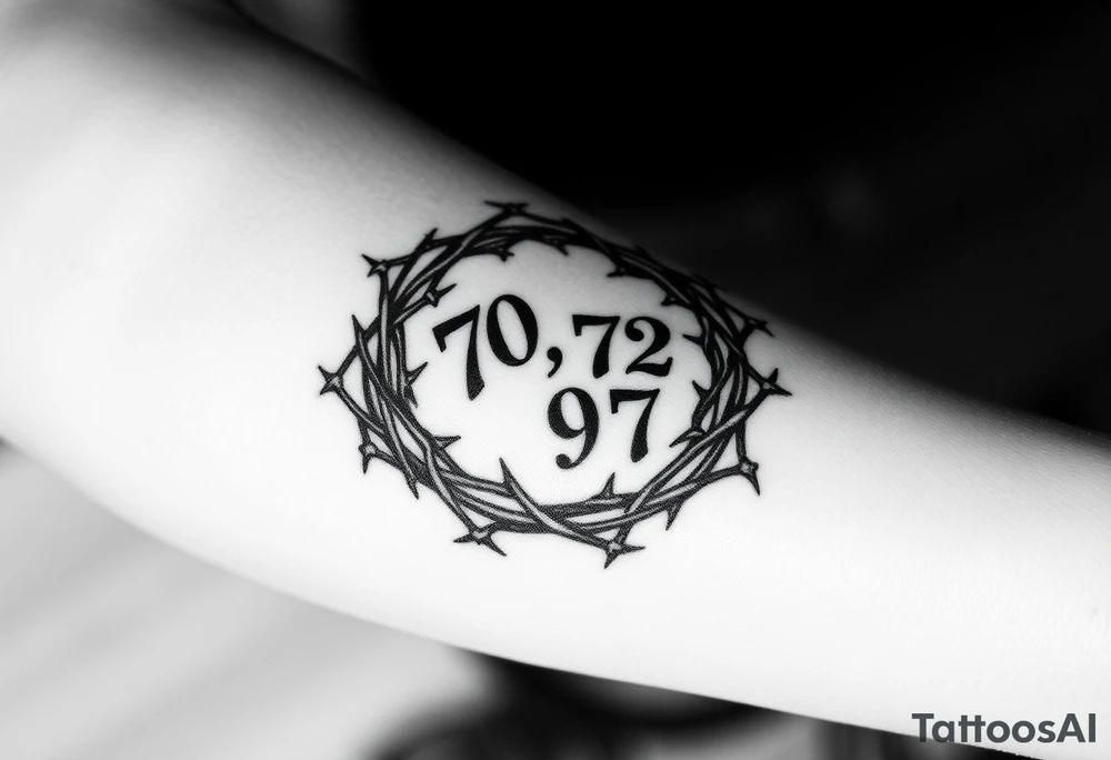 Wreath of thorns with barbed wire and in the center of the wreath in Old English numbers 70, 72, 97 tattoo idea