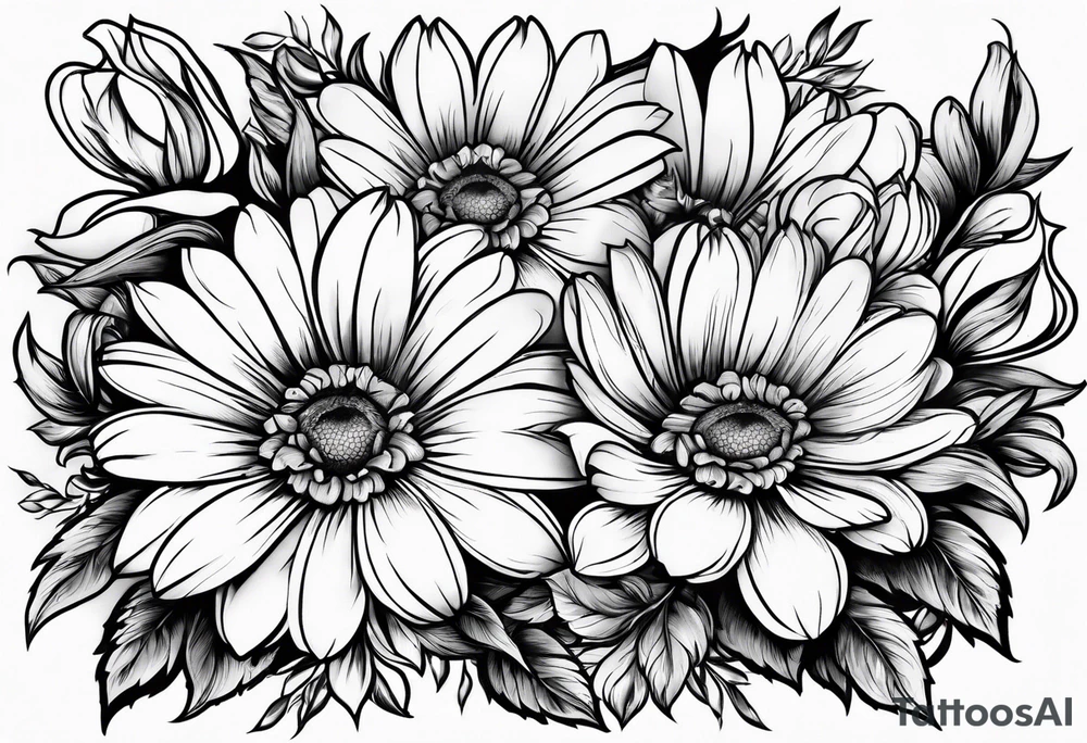 Boquet of daisys and roses with a flame surrounding them tattoo idea