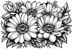 Boquet of daisys and roses with a flame surrounding them tattoo idea