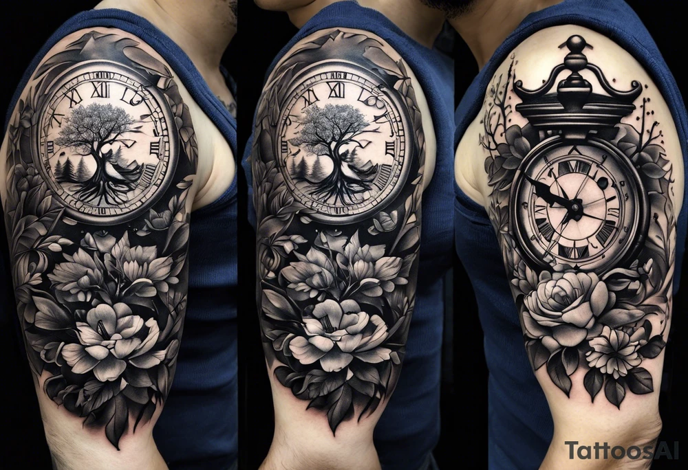 black and grey composition of three elements, 1), combination old school pocket watch and nautical compass, 2) a tree of life and 3) a doctor bird, connected together by lignum vitae flowers, on the arm 3/4 sleeve tattoo idea