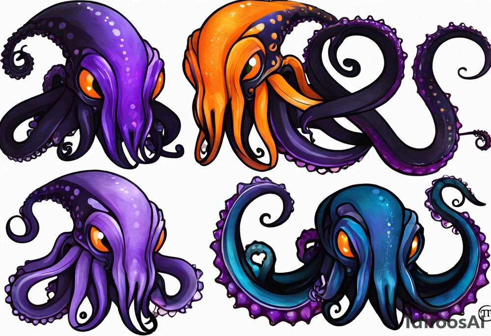 Cthulu

Black, blue and Violet/Purple + Orange eyes
Head to be on right pec
9 Tentacles
Have 3 tentacles in a spiral for each right shoulder head
Have 1 tentacle on in a spiral for right bicep
Have 3 tentacles contouring the tricep, twirling down and around my right forearm
Have 2 tentacles wrapped around under my collar and double helix down my spinal column tattoo idea