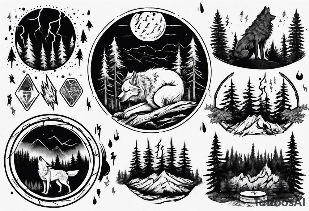 a thunder and lightning storm over a forest with a distant wolf howling and a drum circle tattoo idea